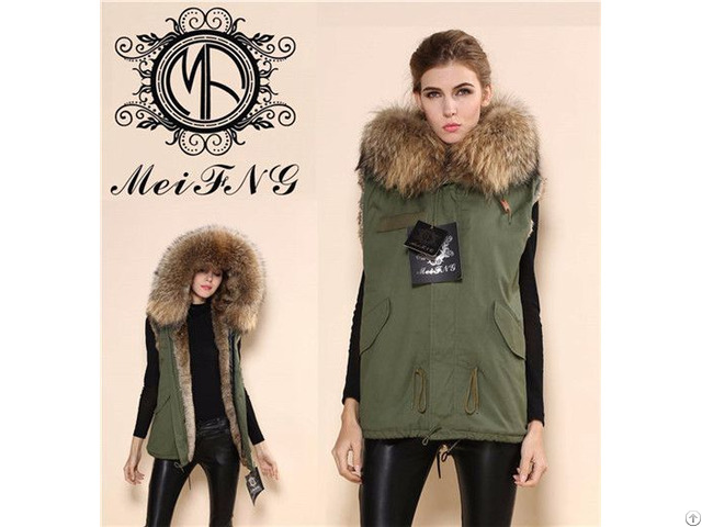 Ladies Fur Vest Jacket With Big Hooded Coat