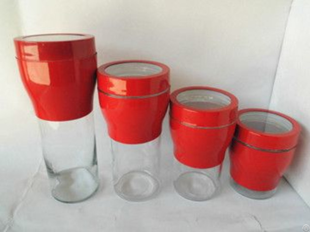 Red Torch Shaped Glass Canister With Stainless Steel Set S 4
