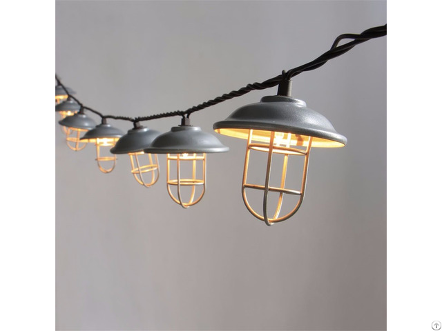 Decorative Galvanized Hood And Wire Cage String Light 10ct Kf01696