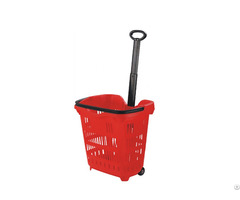 Supermarket Plastic Handle Shopping Basket With Rollering Wheels