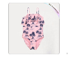 Girls Light Pink Palms Swimsuit With Ruffle