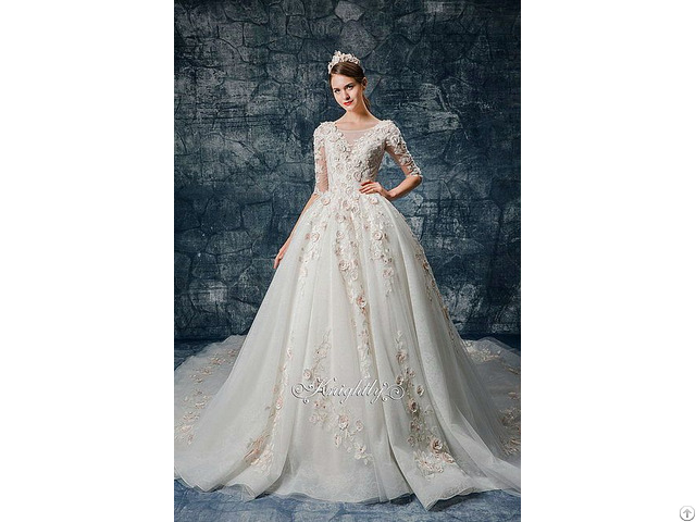 3d Pink Floral Applique Lace Long Sleeves Bridal Gown