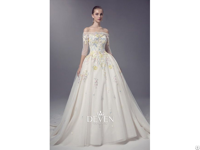 Off Shoulder Colored Lace Appplique Ball Gown Wedding