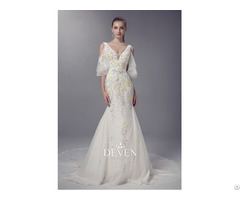 V Neckline Colored Lace Applique Sheath Wedding Gown