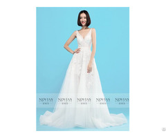 V Neckline Backless Lace Applique A Line Wedding Gown