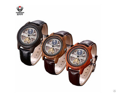 Xinboqin 2018 New Luxury Leather Strap Waterproof Men S Skeleton Automatic Mechanical Wooden Watch