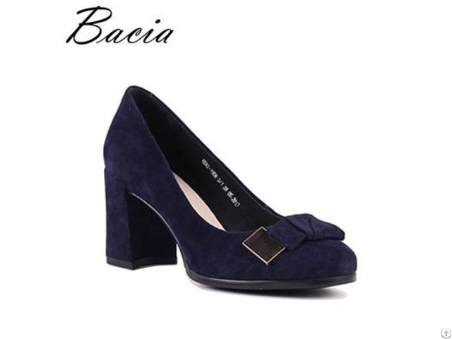 Blue Sheep Suede Pumps Bow Tie Natural Leather Shoes