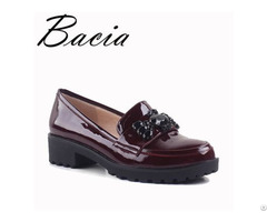 Wine Red Flats Bear Beads Decoration Genuine Leather Loafers
