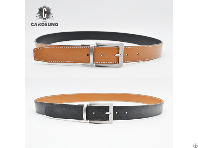 Carosung Genuine Leather Reversible Rotated Pin Buckle Belt