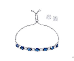 Sapphire Slider Bracelet And Cubic Zirconia Stud Earrings Set In Silver Plate