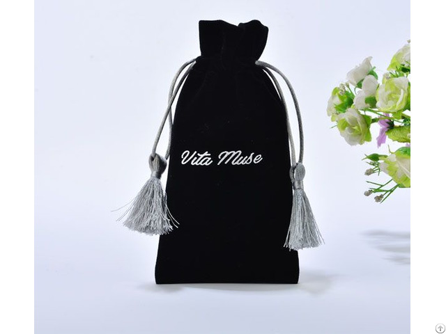 Black Velvet Gift Drawstring Bag With Silver Tassels