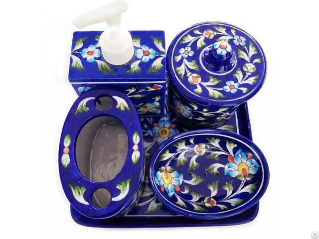 Clay Craft Gitagged Jaipur Blue Pottery Bathroom Accessories Set