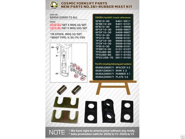 Cosmic Forklift Parts New No 381 Rubber Mast Kit