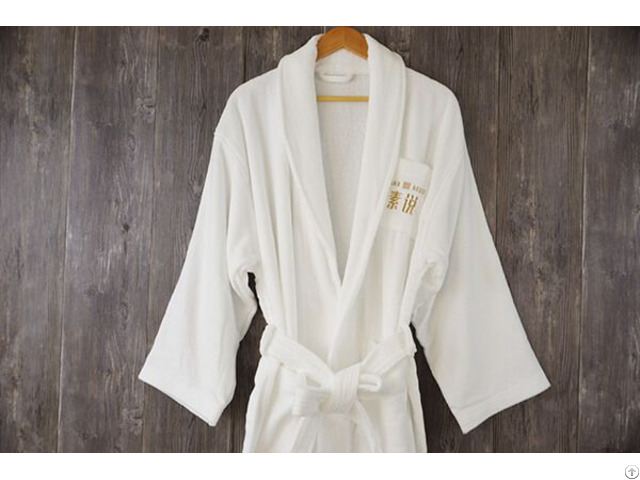 Shawl Collar Bathrobe 100% Cotton White Robe With Embroidery