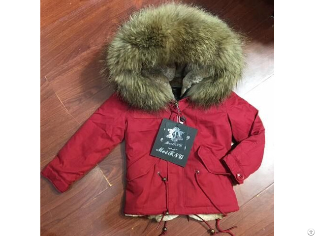 Meifng Boys And Girls Nice Winter Parka Red Shell Short Natural Fur Jacket With Raccoon Hood