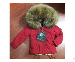 Meifng Boys And Girls Nice Winter Parka Red Shell Short Natural Fur Jacket With Raccoon Hood