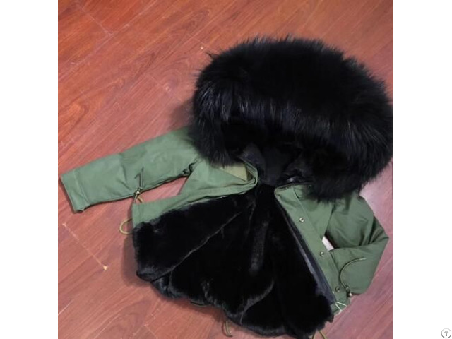 Army Green Children Short Cute Black Raccoon Hood Kids Faux Fur Clothes Supplier