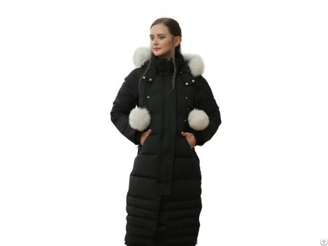 Latest Vogue Black Down Coat Hooded Long Garment With Pompoms