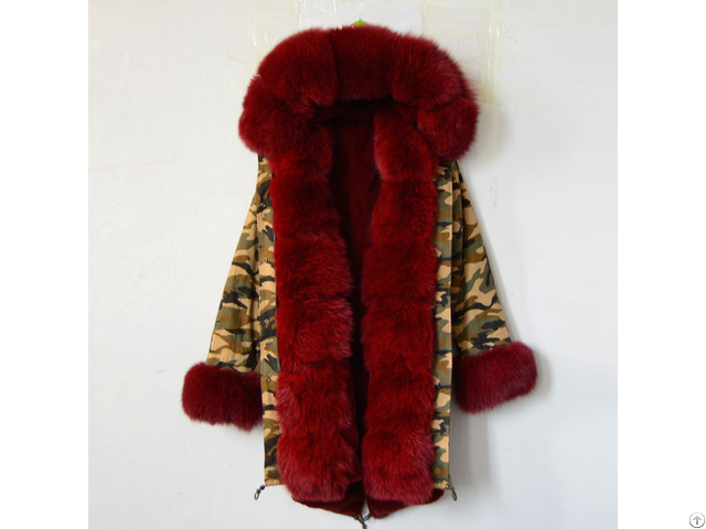 Luxurious Fox Fur Cuffs Camouflage Parka Wine Red Lined Greatcoat Mr And Mrs Winter Coat