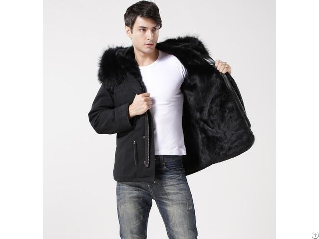 Comfortable Men Black Shell Faux Fur Lining Real Raccoon Collar Short Style Jacket