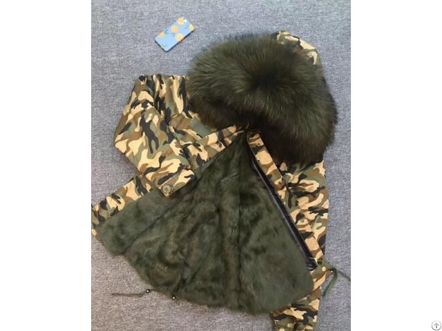 Winter Camouflage Shell Short Coat Army Green Rabbit Fur Lined Men Jacket With Military Style