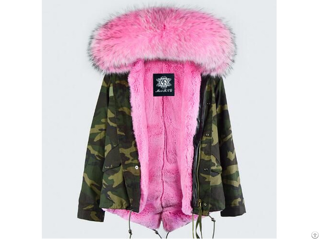 Nice Raccoon Fur Hooded Parka Camouflage Outside Short Jacket With Meifng Style Design