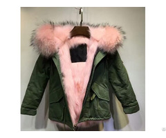 Nice Girl Army Green Waterproof Shell Pink Faux Fur Lining Real Raccoon Collar Bomber Jacket