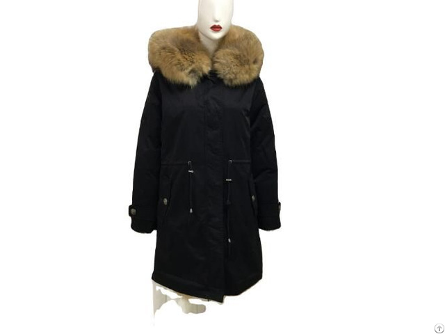 Latest Stylish Black Long Parka Women Coat Real Fox Fur Overcoat Natural Color Lined Garment