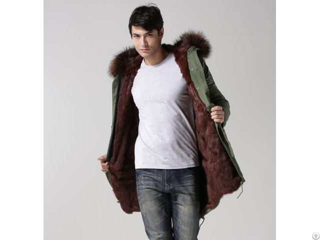 Most Luxury Winter Jacket Army Green Long Fur Casaco Militar For Men With Brown Raccoon Collar