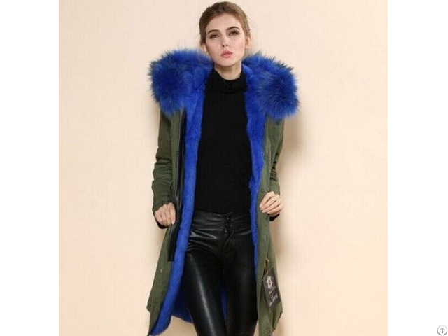 Fancy Army Green Long Parka Cobalt Blue Liner Overcoat With Big Hoodies For Men And Women