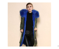 Fancy Army Green Long Parka Cobalt Blue Liner Overcoat With Big Hoodies For Men And Women