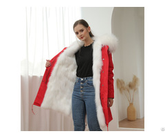 Latest Fashion Hooded Raccoon Collar Long Red Real Fox Fur Parka