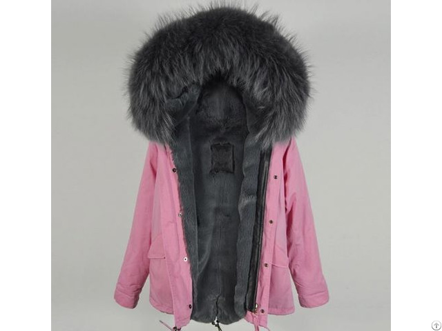 Adorable Pink Outshell Grey Faux Fur Lined Parka For Girls