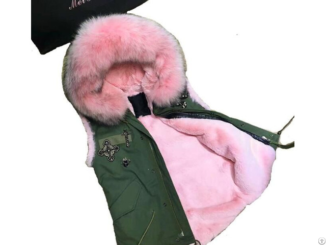 Elegant Coat Women Short Army Green Vest With Pink Fur Liner