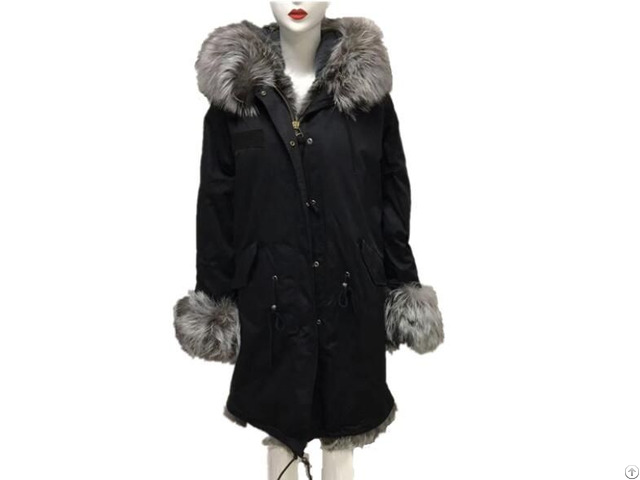 Warm Silver Real Tartan Fox Fur Front Cuff Collar Black Parka