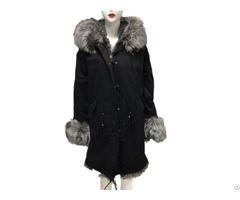 Warm Silver Real Tartan Fox Fur Front Cuff Collar Black Parka