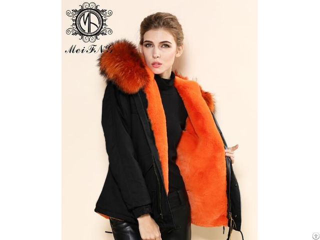 Plus Size Coats Black Shell Orange Lining Winter Fur Coat Ladies