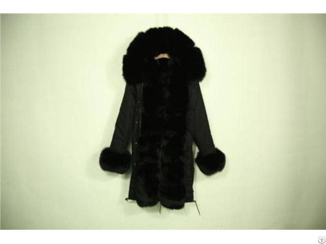 Black Parka Long Coat Faux Hair Lined Fox Fur Cuffs And Collar
