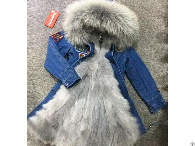 Durable Denim Long Parka With Grey Fox Fur Soft Collar Trimming