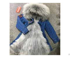 Durable Denim Long Parka With Grey Fox Fur Soft Collar Trimming