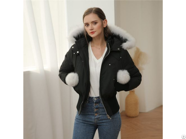 Short Down Coat White Pompoms Puffer Jacket For Ladies Warm