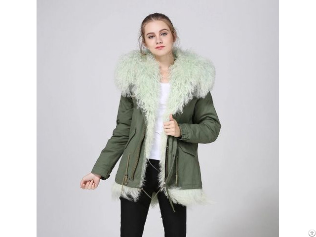 Green Mongolia Sheep Fur Parka Women Winter Warm Wool Overcoat