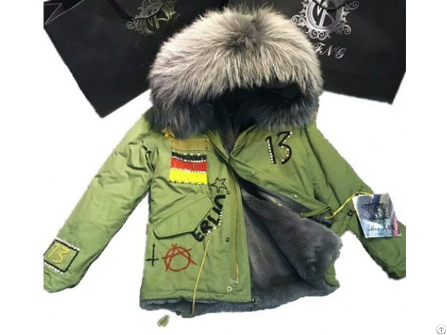 Vogue Outdoor Parka Men Army Green Short Fur Jacket With Beads