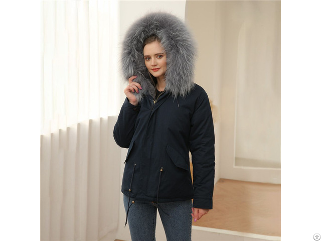 Navy Outshell Faux Fur Parka Warm Lining Women Casual Coat