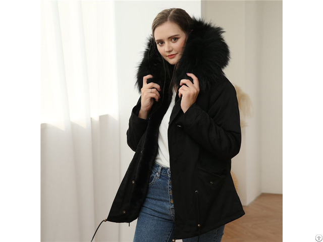 Black Dandyish Parka Warm Fur Coat With Big Raccoon Hair Collar