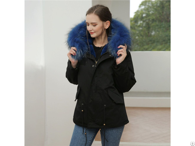 Blue Lined Faux Fur Parka Women Plus Size Coat Collar Detachable