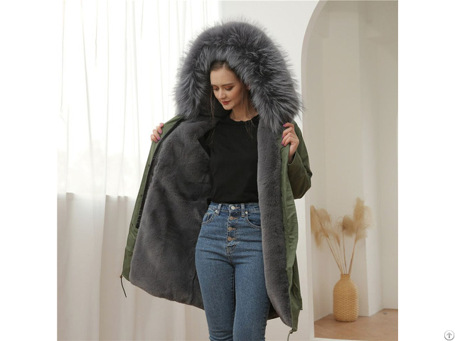 In Stock Army Green Long Leather Parka Faux Fur Coat Women