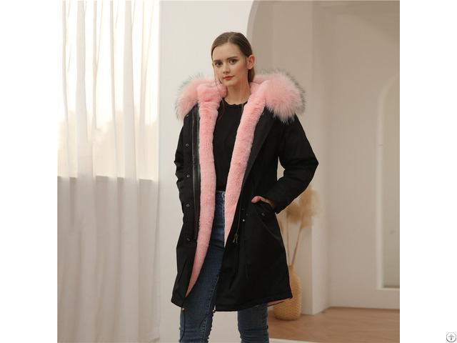 Black Parka Women Winter Long Jacket Coat With Pink Faux Fur