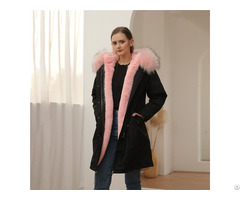 Black Parka Women Winter Long Jacket Coat With Pink Faux Fur