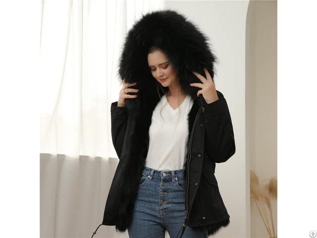 Women Winter Black Fox Fur Parka Short Jacket Coat